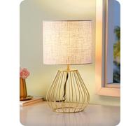 EDISHINE Bedside Lamp, Table Lamp with Metal Cage Base & Linen Lampshade, Modern Lamps for Living Room Bedroom, E14 Socket (Bulb Included), Teardrop Cage, Gold
