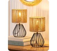 EDISHINE Boho Table Lamp, Handwoven Striped Paper Rope Shade, Bulb Included | 2 Pack, 4W 2700K, Teardrop Metal Base, Inline ON-OFF Switch, E14 Socket, Retro Bedside Lamp for Bedroom, Living Room