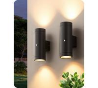 EDISHINE Dusk to Dawn Outdoor Wall Lights, Up Down Lantern Porch Light, IP44 Aluminum Matte Black, Indoor Wall Sconce with Clear Tempered Glass Shade, for Patio, Terrace, Hallway, Garage, 2 Pack