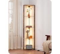 EDISHINE LED Floor Lamps with Glass Shelves, 4 Layers Wood Dimmable Standing Lamp, 360° Rotatable Poles, Corner Floor Lamps for Living Room Bedroom Office, Dark Brown