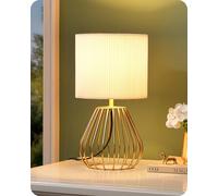 EDISHINE Table Lamp, Gold Water Droplet Shaped Metal Cage Base & Cream Coloured Pleated Lampshade, E14 Socket, 60W Bedside Lamp for Bedroom, Living Room, LED Bulb Included, 29CM