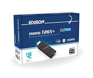 Edision NANO T265+ Terrestrial and Cable HDMI dongle Receiver, DVB-T2/C, H265 HEVC, FTA, Full HD, PVR, USB, HDMI, IR, USB WiFi Support, Universal 2in1 Remote Control