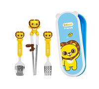 Edison Friends Lion Stainless Steel Chopsticks, Spoon, Fork and Case 4 Set, Chopsticks Training, Beginner, Brain Training, Right Handed (Lion, Hion), Made in Korea.