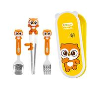 Edison Friends Owl Stainless Steel Chopsticks, Spoon, Fork and Case 4 Set - Right Handed, Yellow, Owl, Set of 4 pcs (Olly), Made in Korea