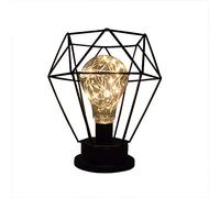 Edison Style Metal Diamond Bedside Table Lamp with LED Fairy Starry String Lights Bulb Warm White Night Light Desk Lamp USB/Battery Operated (Black)
