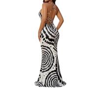 EDITCOZY Women Sexy Bodycon Maxi Dresses Spaghetti Strap Backless Long Slip Summer Dress Beach Vacation Party, Black White, M
