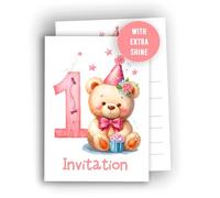Edition Colibri 1st Birthday Invitation Cards for Girls - Pack of 10 Cute Bear & Balloons Fill-in Invitations - Adorable Party Hat Design, A06