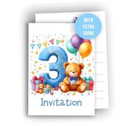 Edition Colibri 3rd Birthday Invitation Cards - Pack of 10 Cute Bear & Balloons Fill-in Invitations - Colorful Confetti & Gift Design, A06