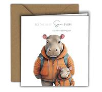Edition Colibri Birthday Card for Son - Premium Square Greeting Card with Envelope - Cute Hippo Design with Hoodie - “To the Best Son Ever” - Ideal for Cash Gift or Voucher - 15x15 cm