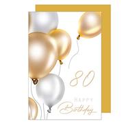 Edition Seidel Premium 80th Birthday Card with Envelope. Birthday Card Greeting Card Billet Balloons Card Happy Birthday Man Woman Gold (GZ349-80 SW023)
