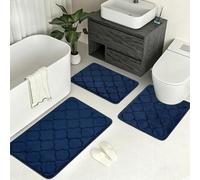 Edlbaegy Non Slip Bath Mat Set 3 Pieces Ultra Soft Memory Foam Bathroom Rugs Water Absorbent Bathroom Mats Set Machine Washable Bath and Toilet Rug Set for Floor(Navy Blue)