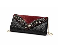EDLME Black Crystal-Embellished Suede and Quilted Leather Envelope Clutch Bag for Women, Chain Shoulder Crossbody Handbag