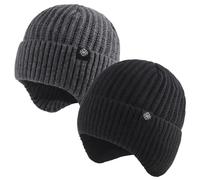 EDLMKM 2 Pcs Thick Fleece Lined Soft Thermal Warm Unisex Knit Hat Woolly Hats, Winter Beanie Hat Men with Earflap Warm Fleece Lined Knitted Thermal Hatt, Mens Wooly Hatt, Winter Hats for Men Black
