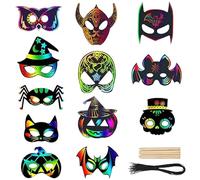 EDLMKM 24 Pieces Halloween Scratch Paper Masks, DIY Rainbow Scratch Art Masks, Halloween Skeleton Cat Pumpkin Bat Spider Decorations Craft for Halloween and Animal Birthday Party