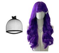 EDLMKM 26'' 65cm Long Wavy Purple Wig With Curtain Bangs for Women, Long Curly Full Hair Wig for Ladies, Natural Synthetic Wigs, for Fancy Dress Party Cosplay Halloween Anime Daily Use