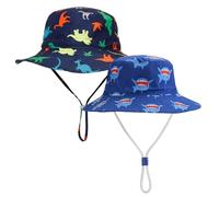 EDLMKM 2Pcs Baby Boy Sun Hat Infant Toddler Bucket Hats, Kids Bucket Hat Adjustable, Kids Dinosaur Shark Bucket Hat, Breathable, Windproof Wide Brim Summer Sunhat, for Ages 2-6 Unisex Boys Girls Blue