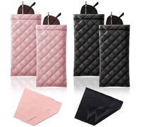 EDLMKM 4 Pack Leather Eyeglass Cases, Portable Sunglasses Cases, PU Soft Sunglasses Pouch Squeeze Top, Travel Sunglass Case with 4 Pack Cleaning Cloth, for Women Men Kids