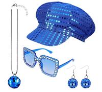 EDLMKM 4 Pcs 1970s Disco Accessories, 70s Disco Hat Set, Sequin Hat with Earrings Sunglasses Necklace, Fancy Dress Kit for Women Girls Theme Party Birthday Dance