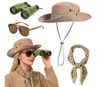EDLMKM 4 Pcs Safari Costume Accessories Set, Explorer Zookeeper Costume With Leopard Print Scarf, Safari Hat, Green Binoculars, Leopard Sunglasses For Women Dress Up, Outdoor Adventures And Role Play