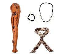 EDLMKM 4 Pieces Kids Caveman Costume Accessories Adult Kids, Stone Age Themed Wild Cave Girls Outfit, Stone Age Costume Girls, Inflatable Wooden Stick for Halloween Cosplay Accessory