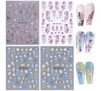 EDLMKM 4Pcs 5D Embossed Nail Stickers, Seashell Starfish Nail Art Stickers Decals Self-Adhesive, Summer 5D Ocean Design Decoration DIY Luxury Accessories for Women Girls, Manicure Decoration