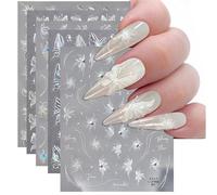 EDLMKM 5 Sheets 3D Embossed White Flower Butterflies Nail Art Stickers Decals, 5D Self-Adhesive Floral Butterfly Nails Decals, Art Decoration Supplies for Women Girls DIY Manicure Accessories