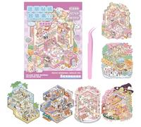 EDLMKM 6 Sets DIY 3D House Sticker Scene Kit, Stress Relief Sticker Therapy, Large Size Miniature Scene Therapy for Kids and Adults with Tweezer, Stress Pass The Time, for Adults Kids Teens