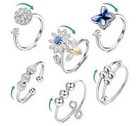 EDLMKM 6Pcs Anxiety Ring for Women, Fidget Ring, Anxiety Rings, Silver Rings For Women, Adjustable Rings For Women, Fidget Rings For Anxiety Women, Gifts for Women, Men, Kids