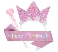 EDLMKM 7th Birthday Decorations for Girls, Birthday Crown for Kids, Party Crown Hat Cap, Sash and Tiara, Glitter Wand, Gifts for 7 Year Old, Flower Princess Tiara Party Accessories, Gifts