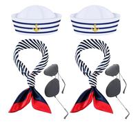 EDLMKM Captain Sailor Costume Set, Stripes Sailor Hat and Scarf Set, 6Pcs Navy sailor Costume with Hat, Scarf, Sunglasses, Navy Outfit Dressing Up Party for Women costume Accessory