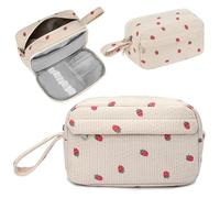 EDLMKM Pencil Case Large Capacity, Double-Layer Corduroy Pencil Case, Pencil Pouch with Zipper Portable Handle, Portable Makeup Bag Stationery Pouch for Teenage Boys Girls School College, Strawberry