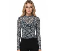 EDLMKM Women's Mesh Top Long Sleeve Sheer Tops Transparent Leopard T-Shirt Sexy Skinny Cropped See Throgh T-Shirt Mesh Tops, Leopard See Through Blouse for Carnival Festival Party Clubwear