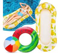 Edmirfun 3PCS Inflatable Pool Float Set, Swimming Pool Float Hammock, Fruit Swim Tubes, Water Hammock with Fruit Swimming Ring, Beach Ball, Adults Kids Summer Gift for Pool, Lake, Beach, Parties