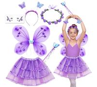 Edmirfun Fairy Butterfly Costume Set for Girls, Fairy Wings Fancy Dress Up Princess Costume,Magic Wand Tutu Flower-Crown for Children Halloween Dress Up Party Favours Supplies(purple)