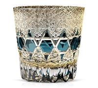 Edo Tokyo Kiriko Style Hand Cut Crystal Whisky Glass 250ml - Elegant Japanese Design for Bourbon, Scotch and Cocktails - 1 Piece Fluorite Bleu