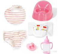 eDollable Realistic accessory set for 30 cm dolls. Includes a bib, a dummy, a nappy, a potty and a bottle. Perfect for children, toddlers and girls