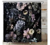 EDOMGNIH Black Floral Shower Curtain Boho Retro Flower Spring Plant Bloosom Rustic Vintage Leaves Watercolor Hydrangea Fabric Bathroom Decor Set with Hooks(70" WX70 H)