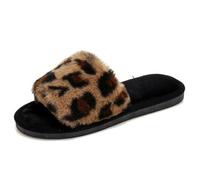 EDONQIAOD Womens Leopard Print Fuzzy Slippers Plush Outside Air Conditioned Room Lazy A Line Cotton, Leopard Brown Flannel Sole, 9/9.5 UK