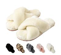 EDOTON Women's Fluffy Plush Winter Open Toe Slippers - Warm Hard Non-Slip Sole Sliders With Cross Band