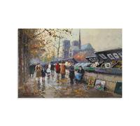 Edouard Cortes Works《Booksellers on The Seine, Notre Dame Beyond》Printing Posters Printed Canvas Wall Art Paintings Contemporary Decor Artworks for Home 16x24inch(40x60cm)