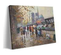 Edouard Cortes Works《Booksellers on The Seine, Notre Dame Beyond》Printing Posters Vintage Scroll Canvas Wall Painting Art Print Decor for Cozy Home Interior 12x18inch(30x45cm)