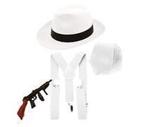 Edozos 1920s Men Fancy Dress Accessories, Mafia Gatsby Costume Set with Hat, Braces, Tie & Inflatable Tommy Gun for Prom Cosplay Event Party (White)