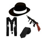 Edozos 1920s Men Fancy Dress Accessories, Mafia Gatsby Gangster Costume Set with Hat, Braces, Tie & Inflatable Tommy Gun for Prom Cosplay Event Gangster Party (Black)