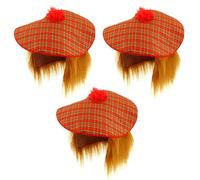 Edozos 3-Pack Scottish Tam O' Shanter Hat with Ginger Wig | Traditional Unisex Tartan Bonnet for Burns Night, Highland Parties & Scottish Fancy Dress Costumes
