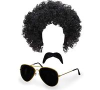 Edozos 80's Scouser Wig with Moustache & Sunglasses 1980s Retro Fancy Dress Costume Set for Men & Women Themed Parties Comedy Dress Up Accessories