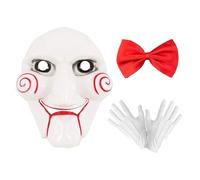 Edozos Adult Billy the Puppet Costume Set - Scary Jigsaw Mask + Red Bow Tie + White Gloves - Official Saw Movie Halloween Horror Fancy Dress Accessories for Men & Women