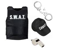 Edozos Adult Unisex Police SWAT Tactical Vest Costume Kit | Complete Fancy Dress Set with Adjustable Vest, Cap, Badge, Handcuffs & Whistle for COP, FBI, Military Theme Parties & Hen/Stag Nights