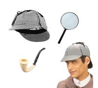 Edozos Adult Victorian Detective Sherlock Holmes Fancy Dress Accessory Set Deerstalker Hat + Magnifying Glass + Victorian Look Pipe Detective Kit