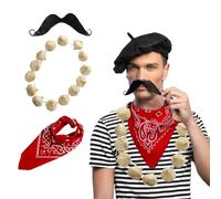 Edozos Authentic French Mime Costume Set - 4 Piece Kit with Beret, Neck Scarf, Clip-On Moustache & Prop Garlic for Unisex Fancy Dress, Bastille Day, Theme Parties & Halloween