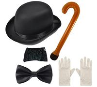 Edozos Charlie Chaplin Costume Kit for Adults - 1920s Silent Movie 5-Piece Fancy Dress Set with Bowler Hat, Mustache, Bow Tie, Gloves & Inflatable Cane | Halloween, Cosplay, Themed Parties